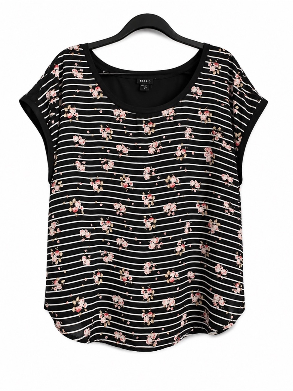Torrid Floral Stripe Blouse Size 1 Plus Size Black‎ Pink Short Sleeve Top 14W